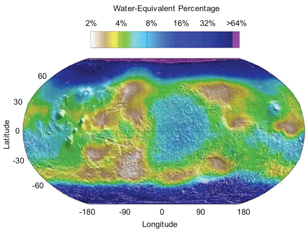 Global variation of water content in upper ~ 1 m of Mars based on a uniform regolith model (no layers) using epi-thermal neutron data. Adapted from Figure 4 of Feldman, et al. 2004 [5,19].