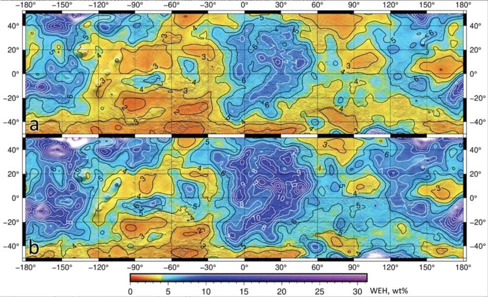 Minimum (a) and maximum (b) Water Equivalent Hydrogen (WEH) maps accompany the mean WEH map on Figure 8 and show the range of possible values, considering the measurements uncertainties with +σ and -σ. Adapted from Figure 5 of Malakahov, et al. [26].
