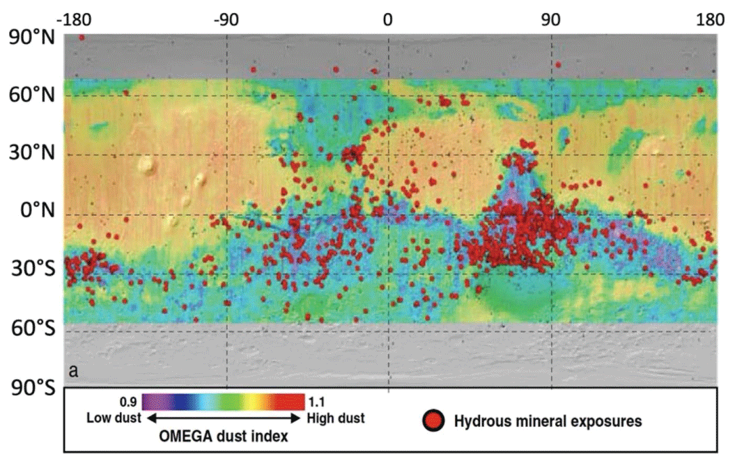Comparison of hydrous mineral exposures to very dusty regions (yellow to orange). . Adapted from Figure 4 of Carter, et al. [79].