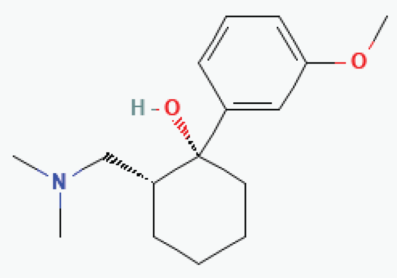 Structure of tramadol, C16H25NO2.