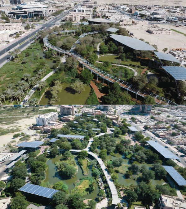 Aerial Concept Render of Sponge Park Abu Dhabi.