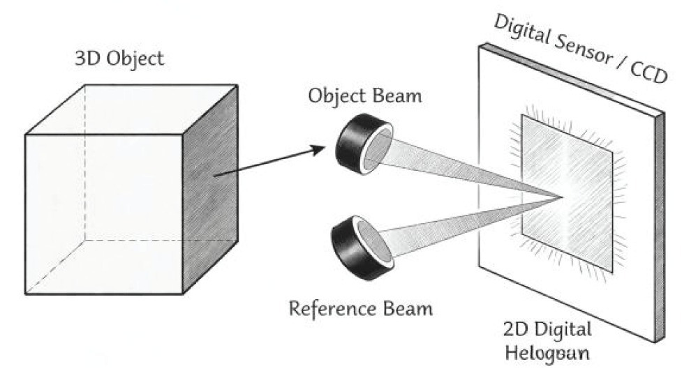 The schematic representation of the geometry for the recording of the digital hologram of a 3-D object volume with a reference wave. 