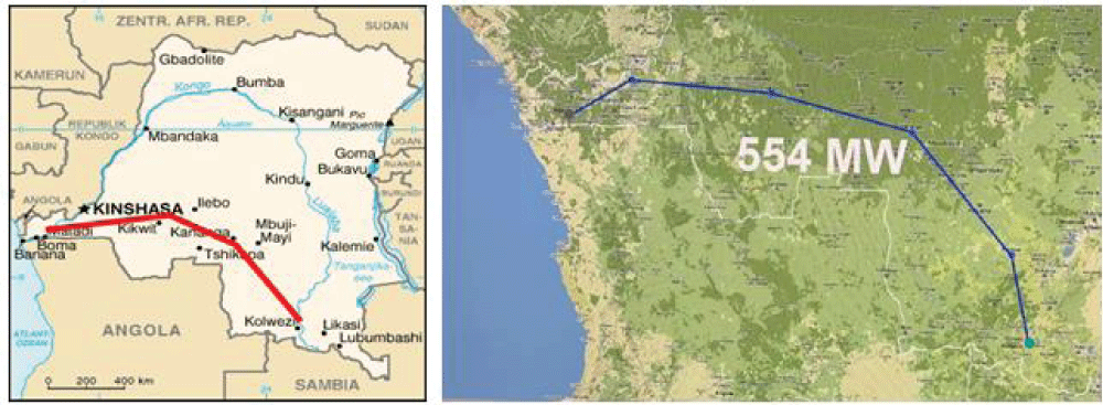 Inga–Kolwezi HVDC scheme and route context reproduced from the supplied study.