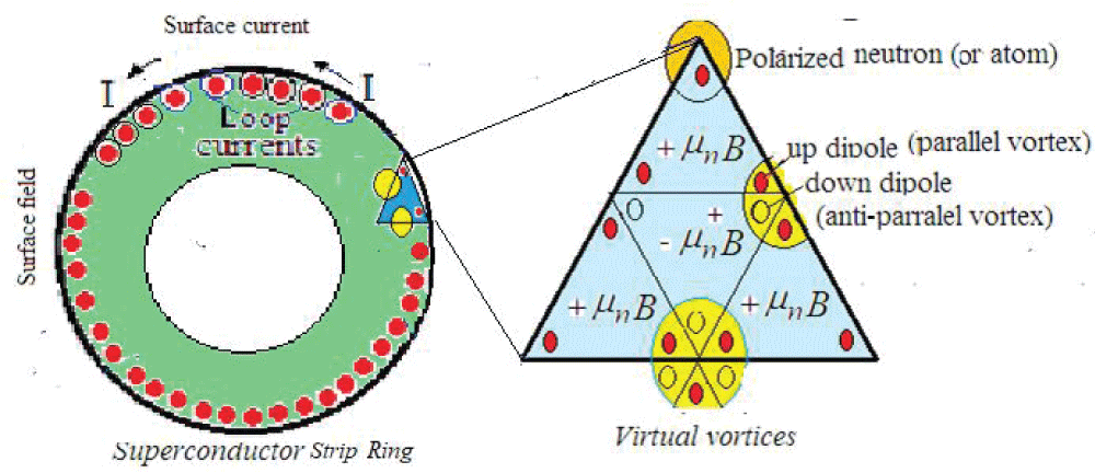 Magnetic dipole and anti-dipole moments which are precursots of dual vortices in a type-II ring-shaped superconductor, under the effect of perpendicular magnetic field (B). The shown part of the triangular lattice spreads all over the ring and can be subdivide into smaller triangles of parallel and anti abti-parallel magnetic dipoles.