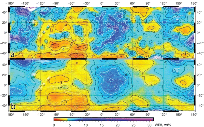 Water equivalent hydrogen maps, measured by collimated FREND/DSEN. (a) Upper map is collimated for maximum resolution (200 km). (b) Lower map is omnidirectional (550 km). Black and white isolines correspond to WEH values. Adapted from Figure 2 of Malakahov et al. (2022) [22].