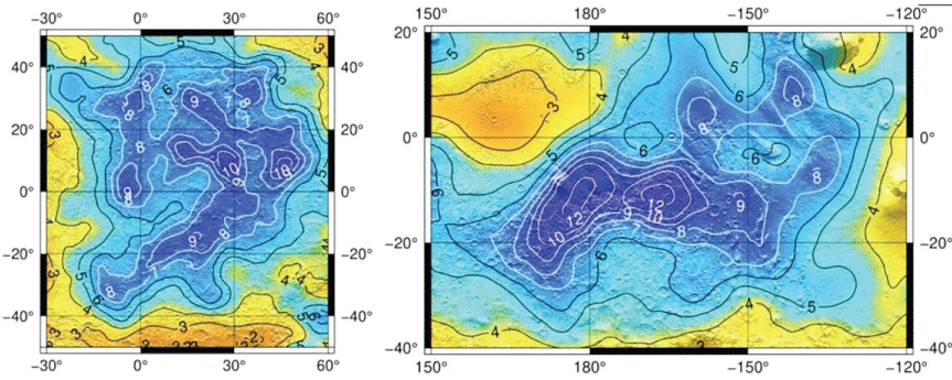 Enhanced segments of the global map shown in Figure 4, showing details of two areas with the most water content: Arabia Terra (top left), Medusa Fossae (top right). Adapted from Figure 3 of Malakahov et al. (2022) [22].