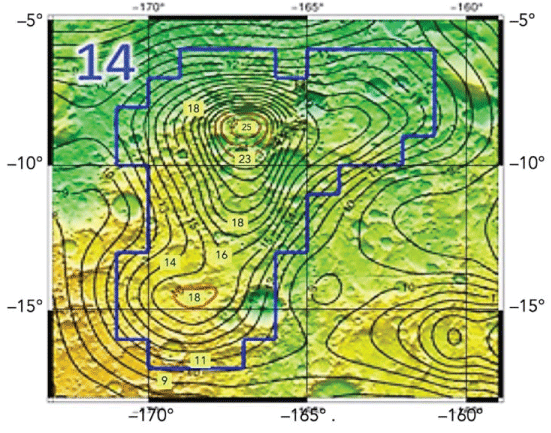 Close-up chart of the highest-resolution view of a local area on Mars with unusually high WEH. The contour lines are lines of constant WEH [22].